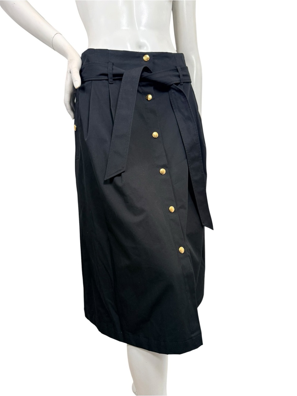 Celine Black Cotton Gold Button Belted Midi Skirt FR 38 NWT